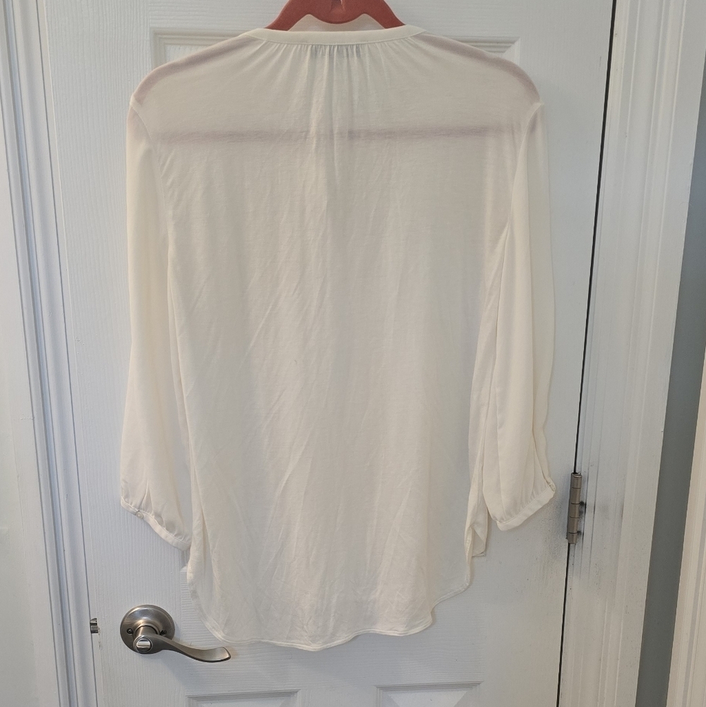 LOFT Tie Front Peasant Top With Fringe Detail, 3/4 Length Sleeves, Size S (1205) - Picture 2 of 9